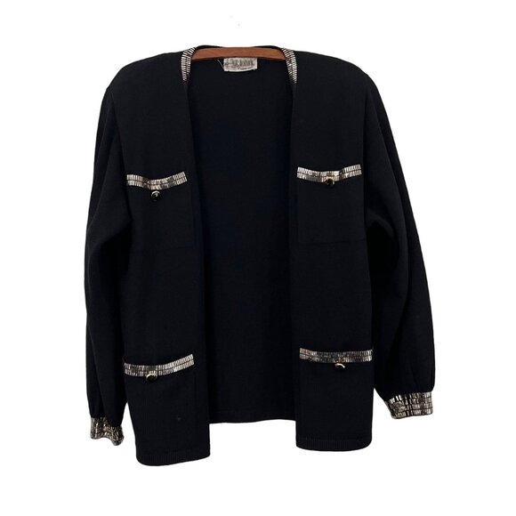 St John Black Gold Studded Santana Knit Open Cardigan Skirt Set Size 6 - Picture 2 of 15